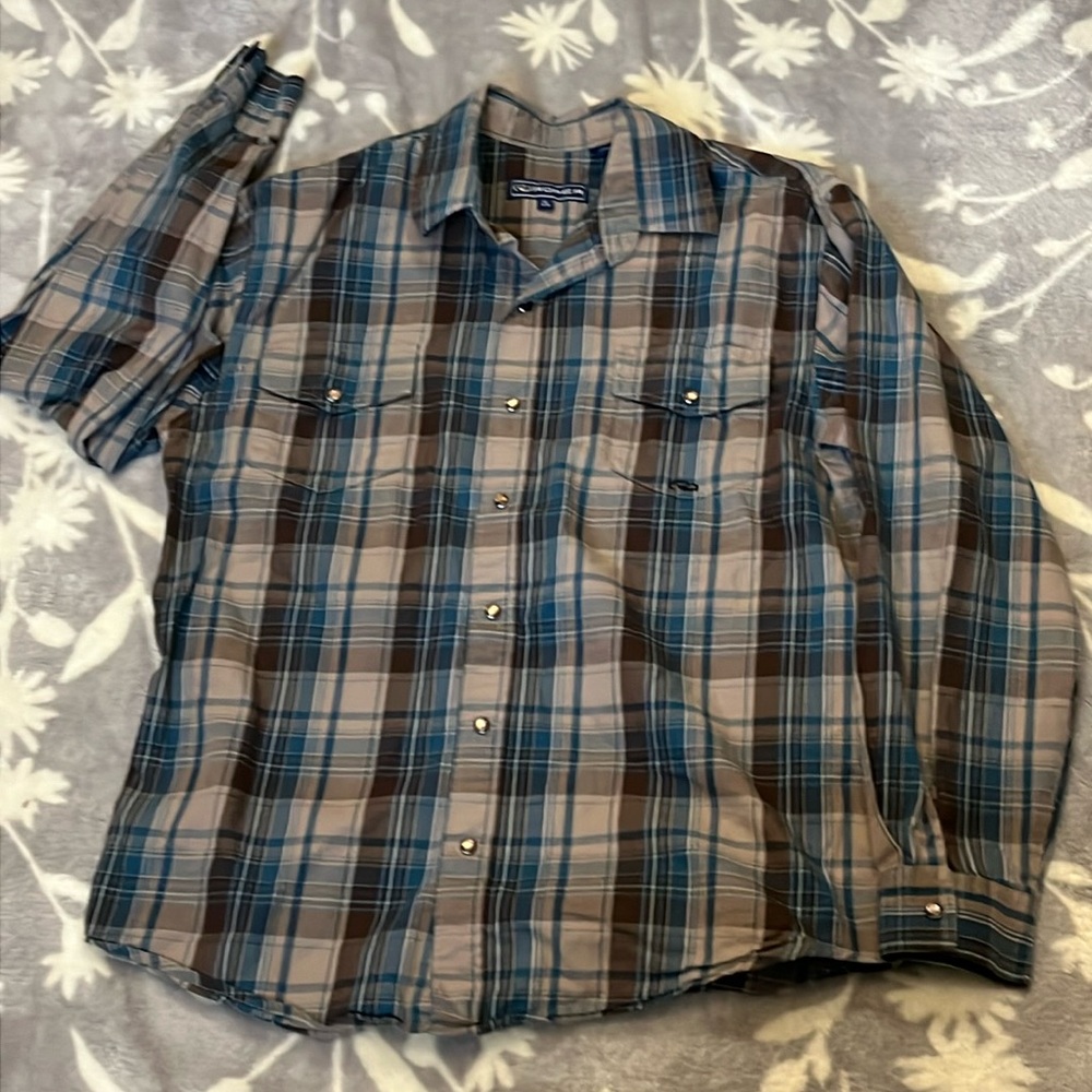 Roper Western Shirt Brown/ Blue Plaid  Print Snap Up  Sz XL Boys